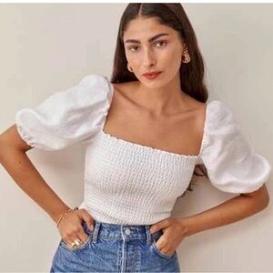 Reformation Mulberry Linen White Smocked Square-Neck Puff Sleeve Top
